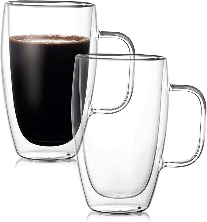 透明咖啡杯 2 件套带手柄的隔热玻璃杯 双层 15 盎司/450 毫升